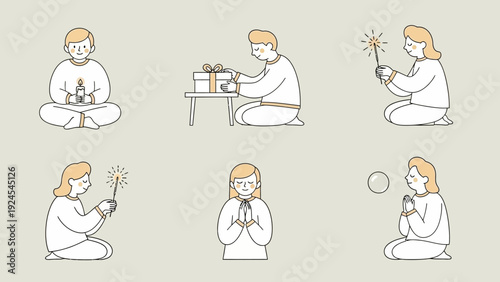 Set of six illustrations depicting people in various mindful and celebratory poses.