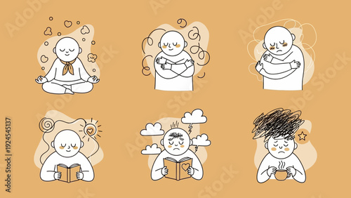 Set of six illustrations depicting various states of mind and activities.