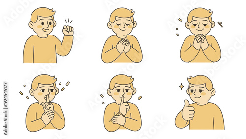 Set of six illustrations of a young man expressing different emotions and gestures.