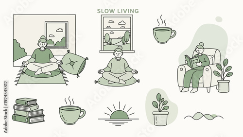 Slow Living Lifestyle Collection with Meditating and Reading Figures.