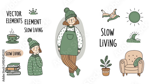Slow Living Lifestyle Elements with Cozy Characters and Home Decor.