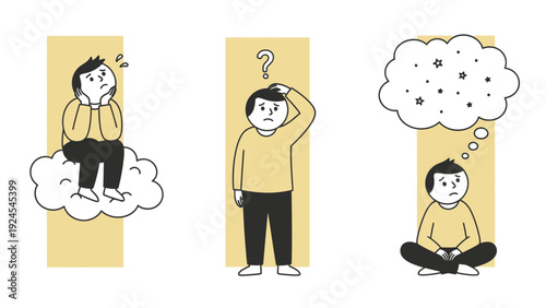 Three men in different states of thought and confusion illustration.