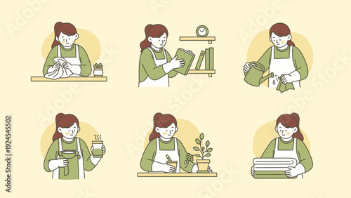 Woman Engaged in Various Household Chores and Relaxing Activities.