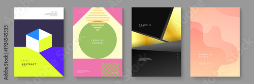 A professional collection of four abstract posters featuring isometric cubes flat circles metallic gold elements and fluid organic shapes in a vibrant color palette