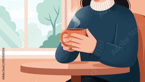 Woman holding a warm mug of coffee in her hands.