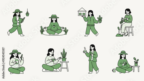 Woman in green outfit tending to plants and enjoying hobbies.