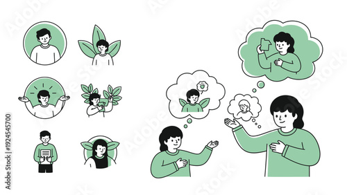 Woman with thought bubbles and various profile pictures.