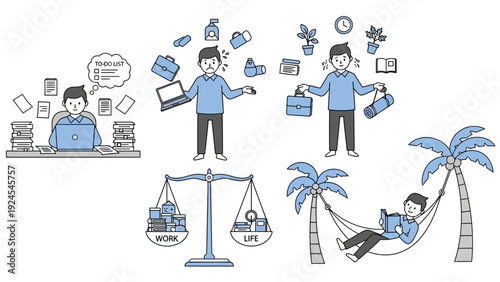 Work life balance concept with people working and relaxing.