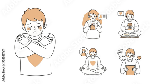 Young boy experiencing emotional distress and seeking comfort online.