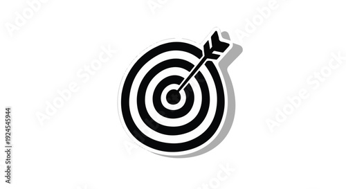 Bullseye target with arrow hitting center goal success concept in black and white minimalist illustration on white background