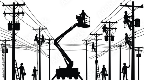 Power line worker silhouette scene showing utility crews repairing electrical infrastructure using bucket trucks and ladders, black and white vector 