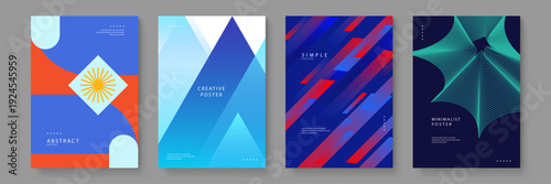 Collection of four premium abstract posters featuring geometric shapes and vibrant color palettes for modern interior decor or branding