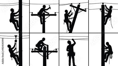 Electric lineman silhouette set showing utility workers performing power line installation, maintenance, and repair on poles, black and white vector collection for energy and safety design
