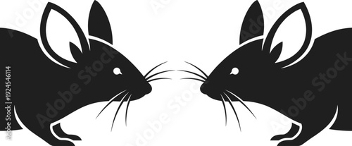 Two facing mice silhouette illustration in black and white, symmetrical rodent vector artwork isolated on white background representing animals, balance, confrontation, and minimal wildlife design