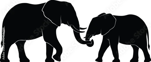 Obraz Two elephants touching trunks silhouette illustration in black and white, symbolizing family bond, wildlife connection, African animals, nature harmony, conservation, strength, and gentle 