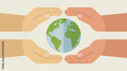 Diverse hands protect and support the earth symbolizing global care and environmental conservation efforts