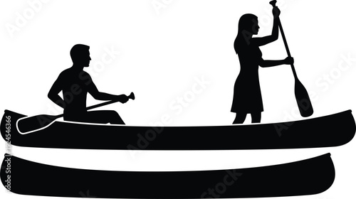 Canoe paddling silhouette illustration of man and woman rowing together on calm water, isolated on white background, outdoor recreation, kayaking sport and adventure travel concept