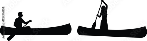 Canoe paddling silhouette illustration featuring man and woman rowing on water, isolated on white background, outdoor recreation, kayaking sport, adventure travel and water activity concept