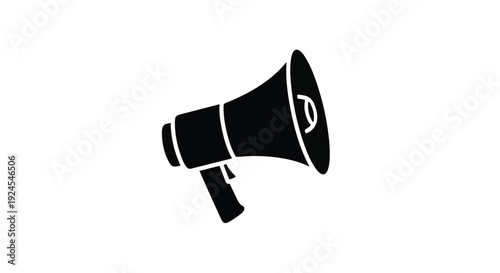 Black megaphone icon on white background, loudspeaker symbol for communication, announcement, or advertising concept