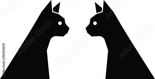 Two black cat silhouettes facing each other on white background, minimalist animal illustration symbolizing symmetry, companionship, mystery, love, pet relationship, modern flat vector design style