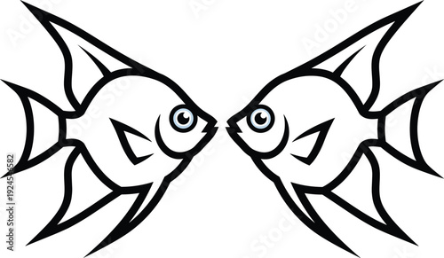 Twin fish facing each other illustration in black and white outline style, symmetrical aquatic animal design symbolizing balance, harmony, zodiac Pisces concept, minimalist vector art