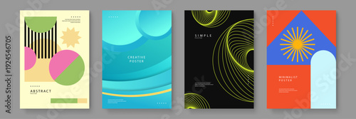 Set of four diverse abstract posters using geometric circles lines and minimalist shapes for contemporary branding and decor