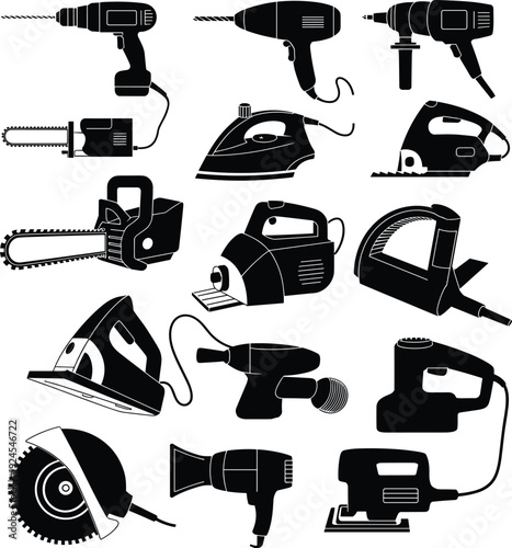 Collection of power tool silhouettes including drills, saws, iron and grinder, isolated on white background, construction, woodworking, DIY repair, industrial equipment illustration set