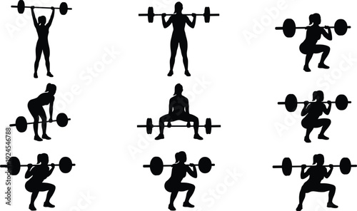 Weightlifting silhouettes set showing barbell squat and lift exercises, black vector fitness illustration collection, strength training workout poses, athletic people design isolated on white