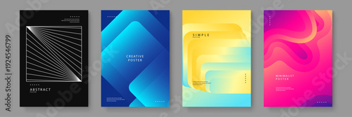 Collection of four professional abstract posters featuring monochrome lines and vibrant colorful fluid gradients for modern brand identity