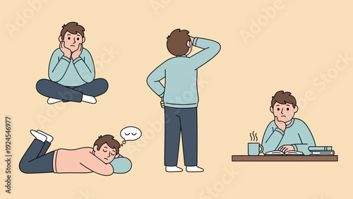 Young man in various poses depicting boredom and contemplation.