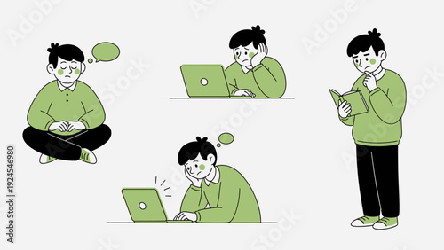 Young man in various poses showing concentration and thought.