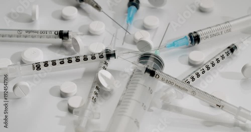 Medical insulin syringes with needles and white pills rotating on a white background, healthcare treatment, and pharmaceutical industry. Insulin syringes and pills isolated on a white background.