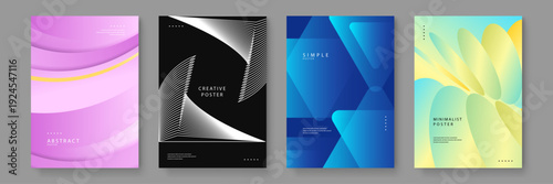 A set of four contemporary posters showcasing liquid gradients monochrome line art and overlapping geometric transparency