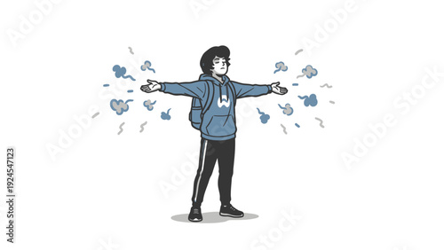 Young person with arms outstretched creating smoke and sparks from hands.