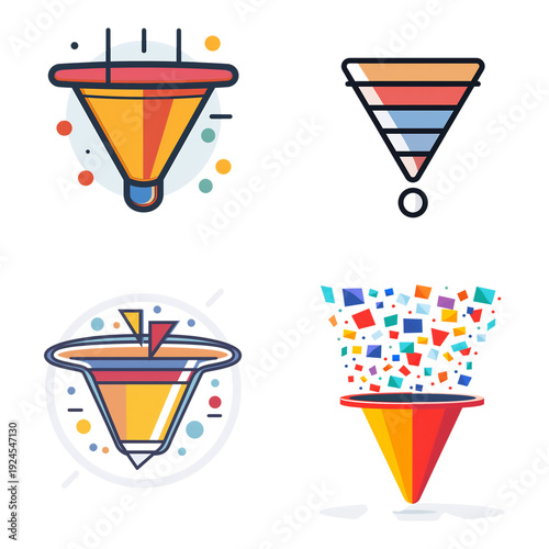 Funnel sales marketing icon on white background, simple vector symbol, isolated symbol for app interface web design presentation infographic branding print clipart design element high detail