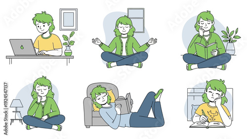 Young woman engaged in various daily activities at home.