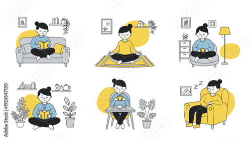 Young woman engaged in various relaxing and productive activities at home.