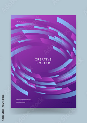 Dynamic creative poster with a purple and blue vortex motion effect using curved rectangular shapes and glowing neon gradient highlights