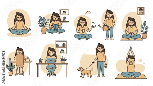 Young woman engaged in various relaxing and productive activities at home.