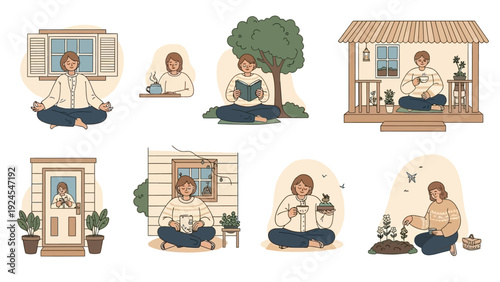 Young woman enjoying peaceful activities in various serene settings.
