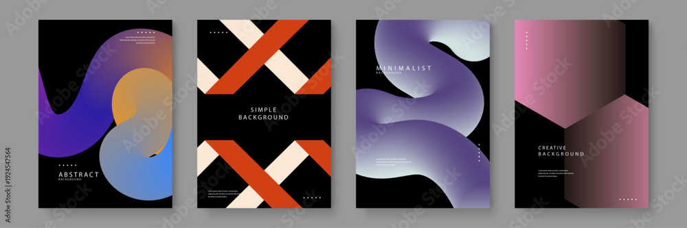 Fototapeta premium Collection of four premium abstract poster designs featuring 3D fluid shapes and bold geometric patterns on a black background