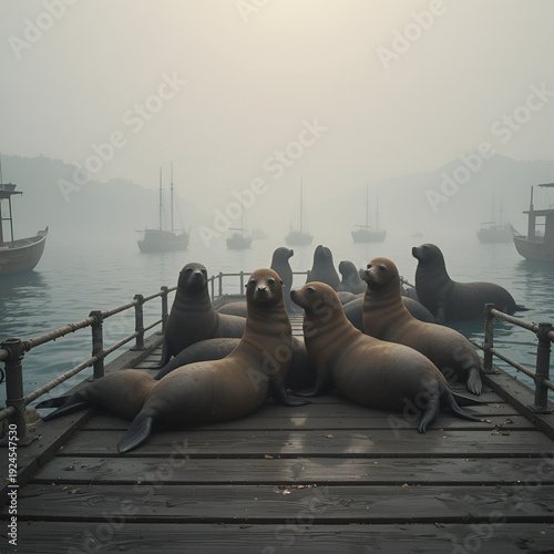 Artistic rendering a group seals lazing on a foggy dock, undisturbed by the distant boats