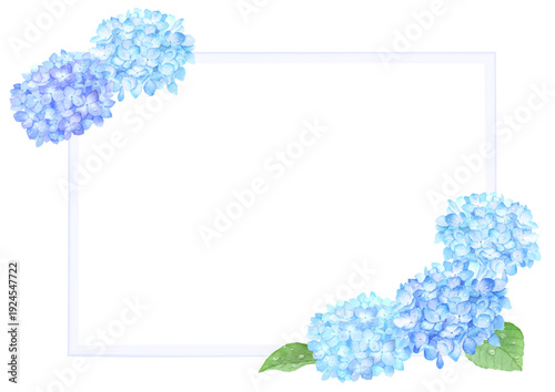 水彩で描いた雨粒のあるアジサイのフレーム