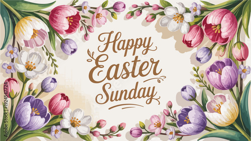 Colorful easter floral wreath with 'happy easter sunday' text in gold surrounded by pink purple and white flowers on green leaves festive holiday design