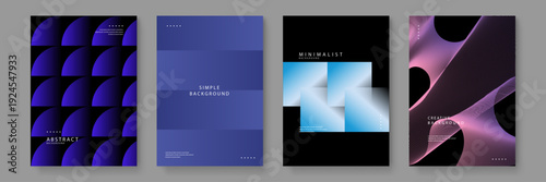 A premium set of four abstract posters featuring purple semi circles blue horizontal bars cyan squares and purple line waves