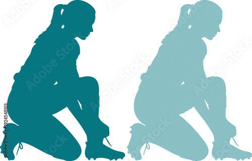Woman tying soccer shoe silhouette with striped pattern