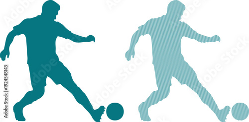 Two teal soccer players kicking a ball on white background