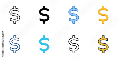 Dollar sign icons set multiple style collection. Editable stroke 
