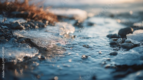 Close up of clear mountain spring water flowing over ice