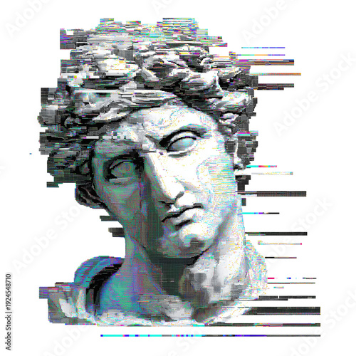 classical male statue head with digital stripe glitch png transparent background